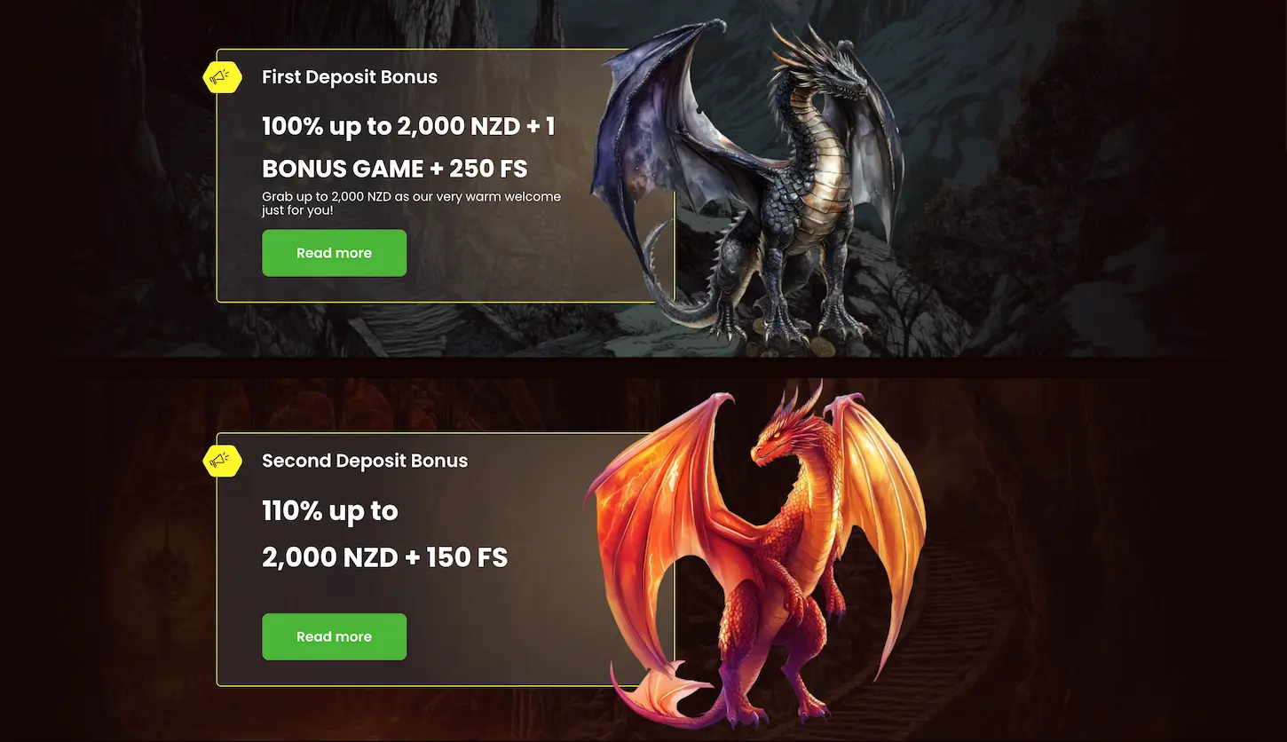 Dragonslots Casino NZ first deposit bonus – 100% up to NZD 2,000 + 250 free spins and bonus game