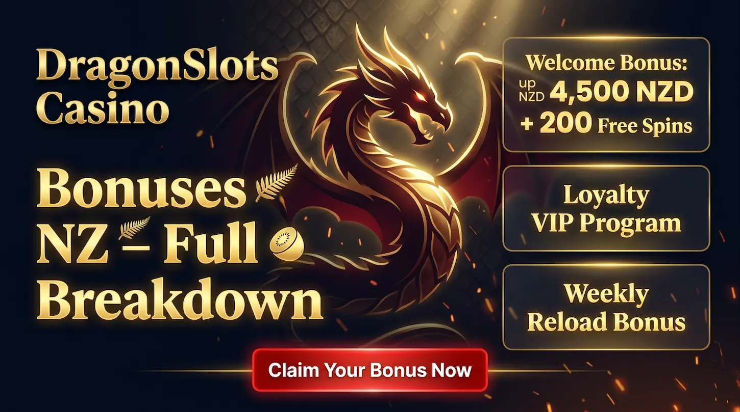 DragonSlots Casino NZ bonuses including welcome offer up to NZD 4,500 and 200 free spins for New Zealand players.