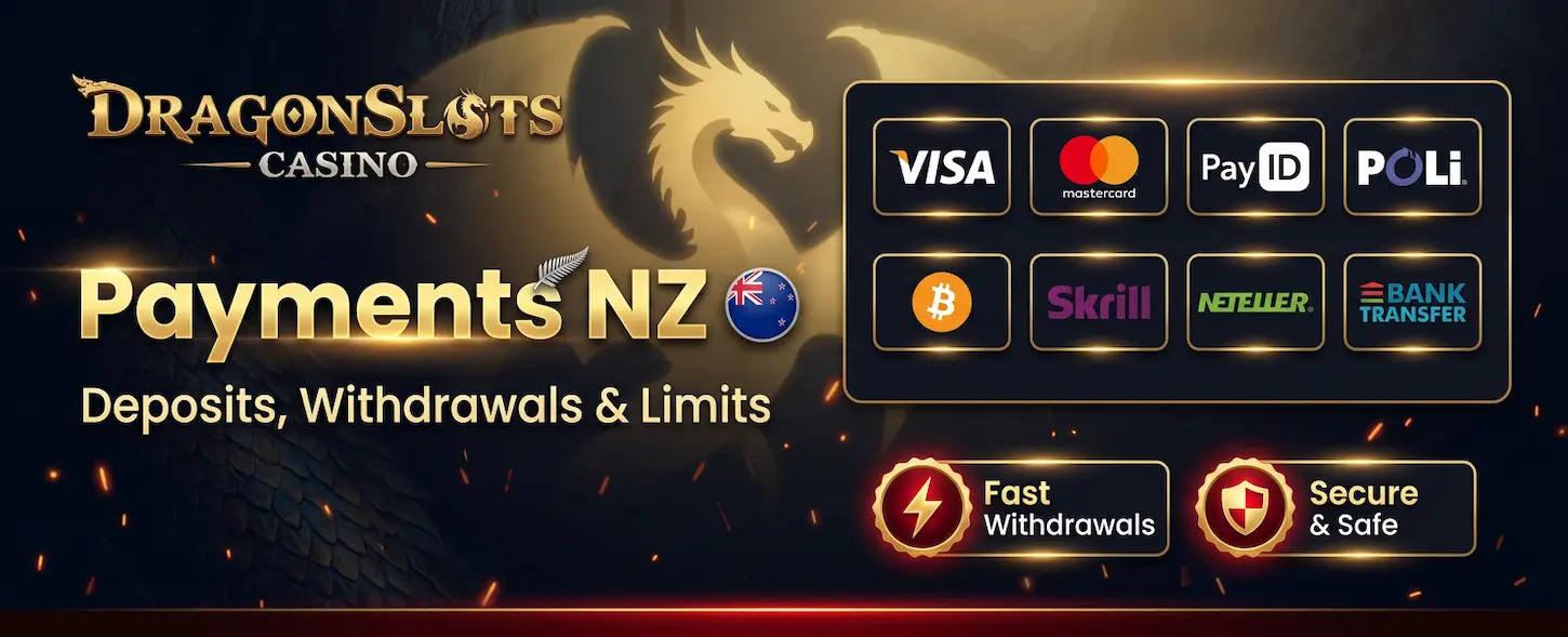 DragonSlots Casino NZ payment methods covering deposits, withdrawals and limits for New Zealand players.